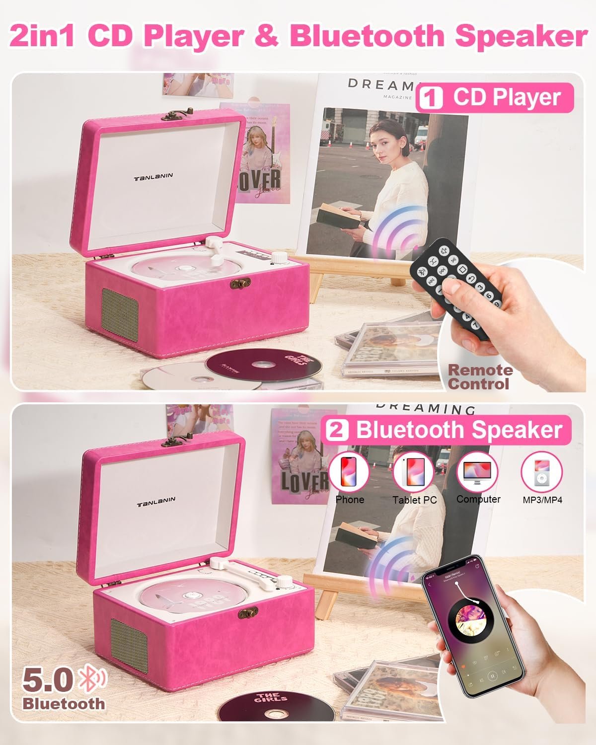 CD Player Portable for Home with Upgraded Speakers Bluetooth in/Out Rechargeable Desktop CD Player with LED Screen Boombox Music Player Hot Pink - Image 9