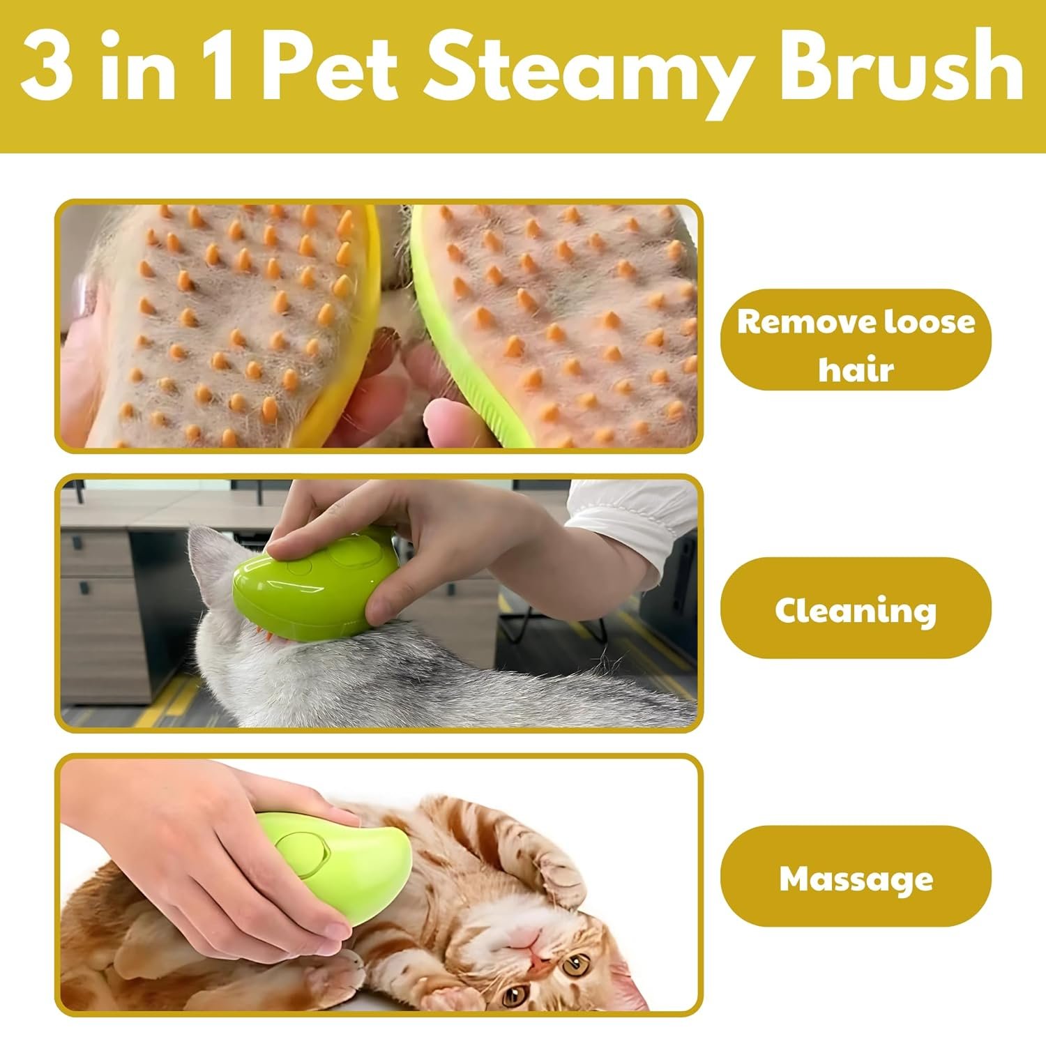 Steamy Cat Brush for Massage | 3 in 1 Silicone Spray Pet Bath Brush Cleanser- Hair Cleaning Brush Comb for Dogs Cats, Steaming Cat Brush for Grooming, Hair Removal Comb Brush for Pets (Green) - Image 3