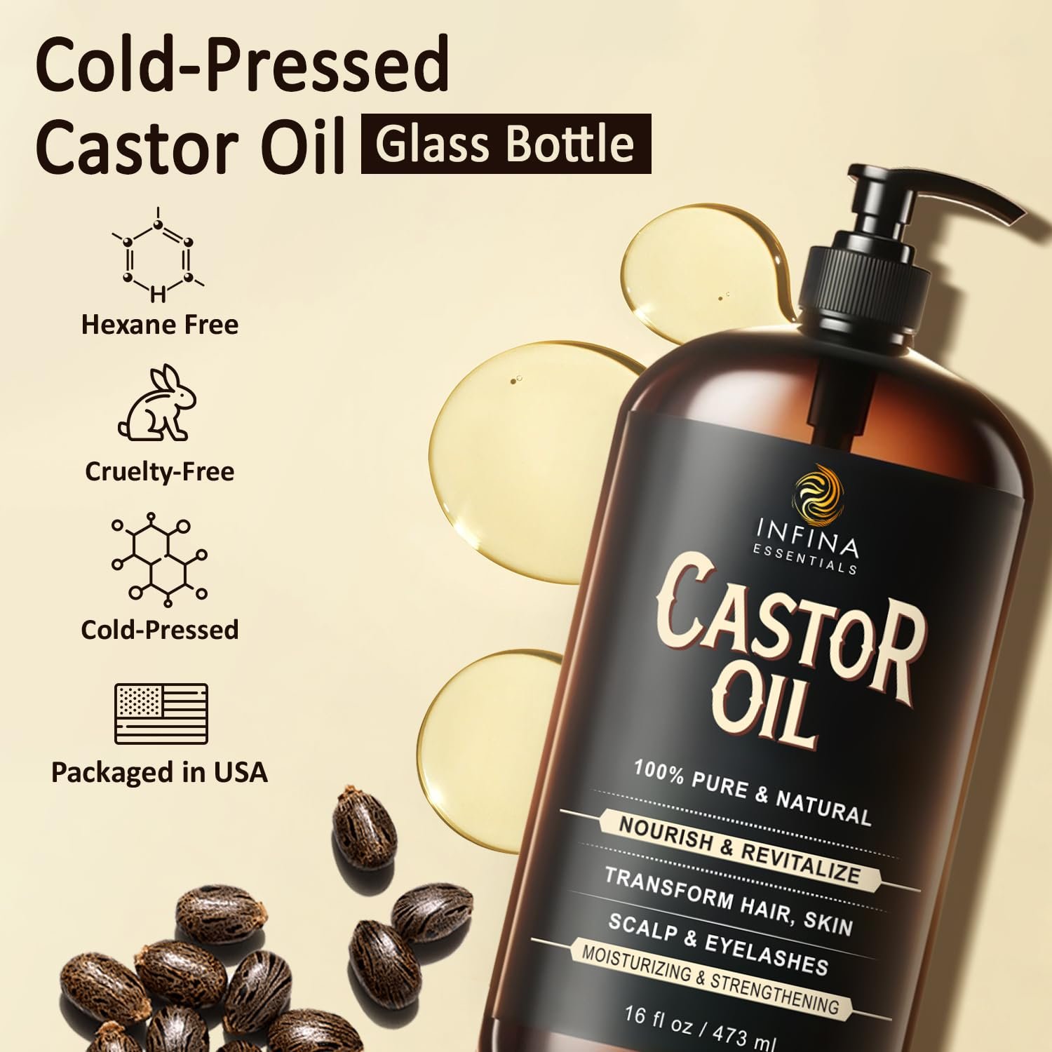 Pure Cold Pressed Castor Oil - Hexane Free, Glass Bottle for Hair Growth, Face, Scalp, Skin & Eyelashes - Nourishing and Moisturizing - 16 fl oz - Image 3