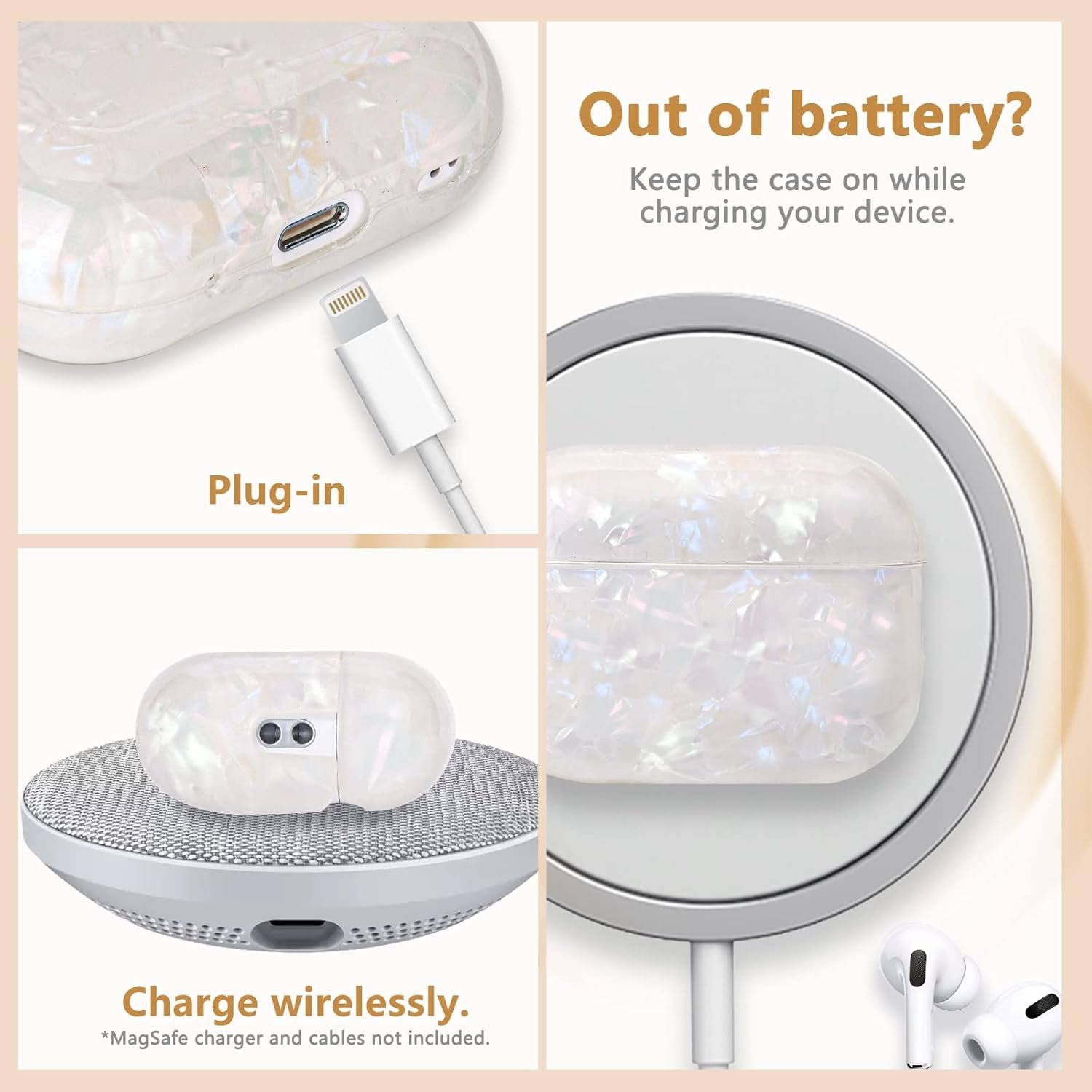 Cute AirPod Pro 2 Case with Shell Pearl Keychain Bling Marble Design Hard TPU Cover Compatible with AirPods Pro 2nd Generation 2022 Case for Women and Girls - Image 4