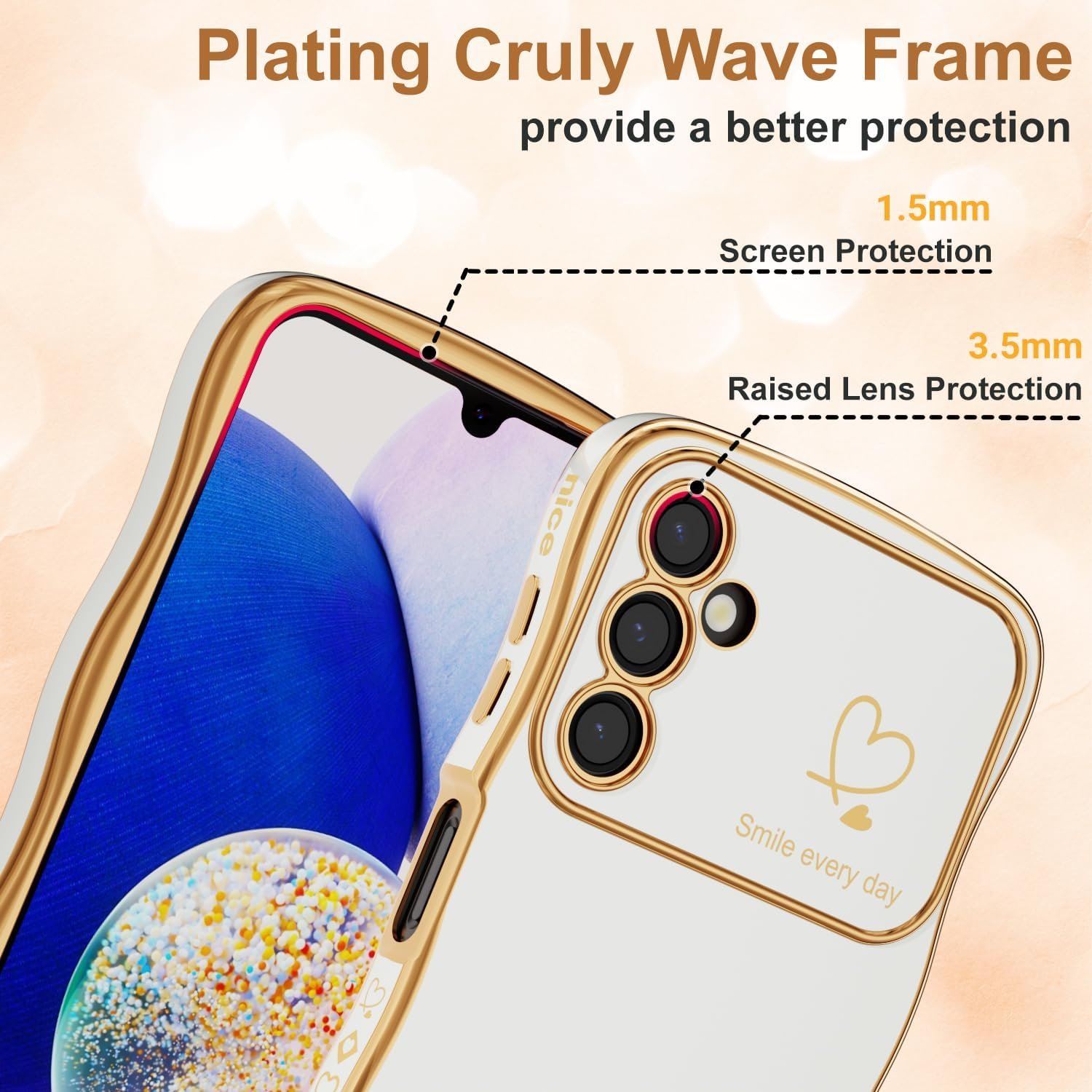 MINSCOSE for Samsung Galaxy A14 5G Phone Case,Luxury Cute Curly Wave Frame with Love Heart Plating Pattern,Raised Full Camera Lens Protection Cover for Women Girls for Galaxy A14 5G-White - Image 4