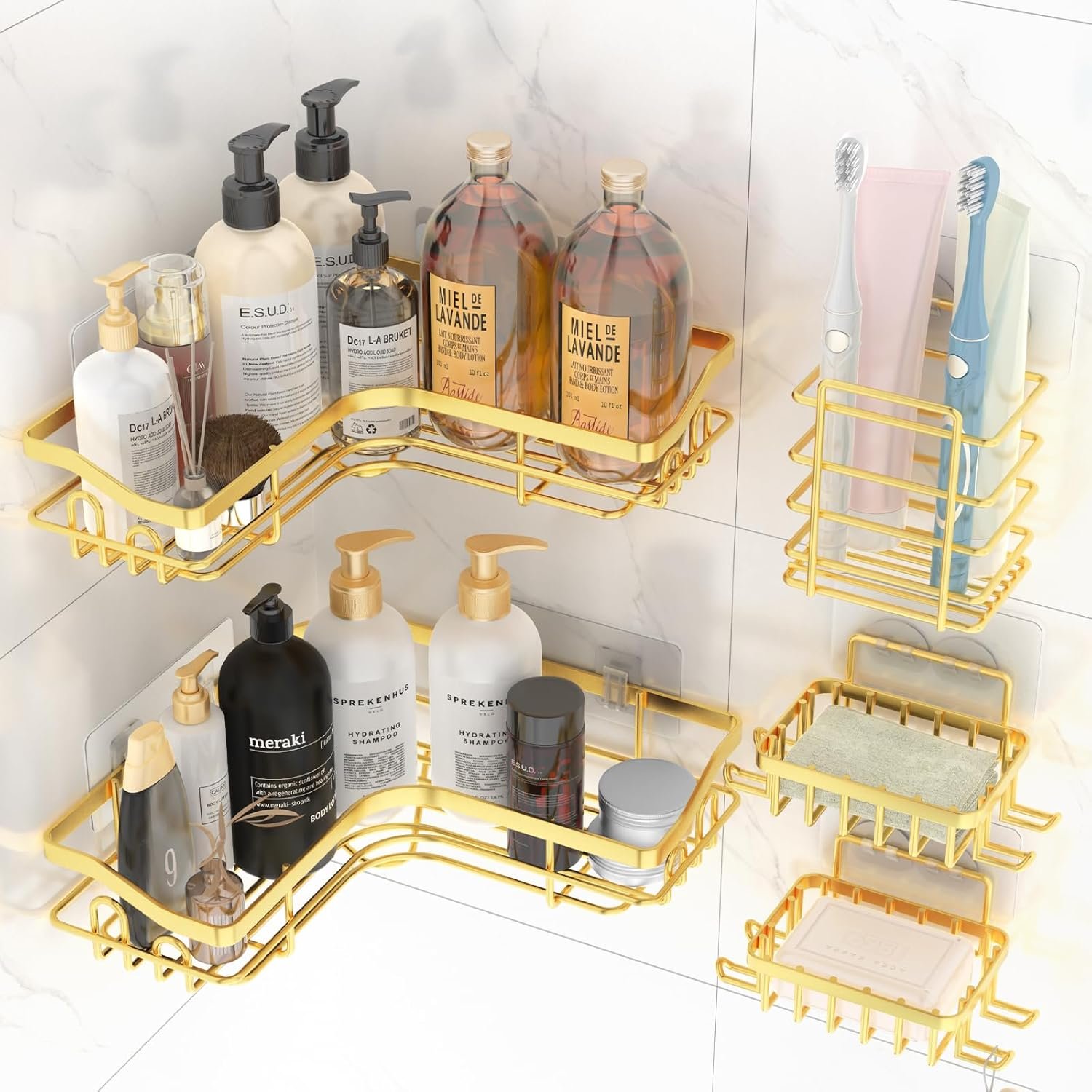 Gold Corner Adhesive Shower Caddy,Rustproof Stainless Steel Corner Shower Shelves for Bathroom Kitchen, No Drilling Wall Mounted Shower Rack for inside Shower, 5 Pack - Image 2