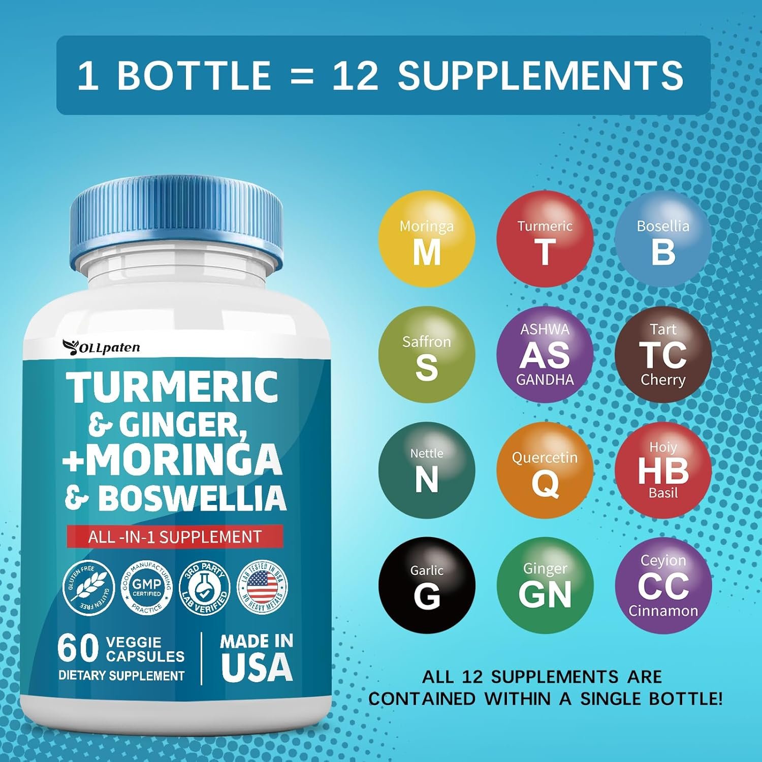 Turmeric Curcumin 30000mg Moringa 50000mg Ginger 3000mg Boswellia 3000mg Saffron 2000mg All-in-One Supplement for Women and Men with Quercetin, Tart Cherry, 60 Capsules - Image 4