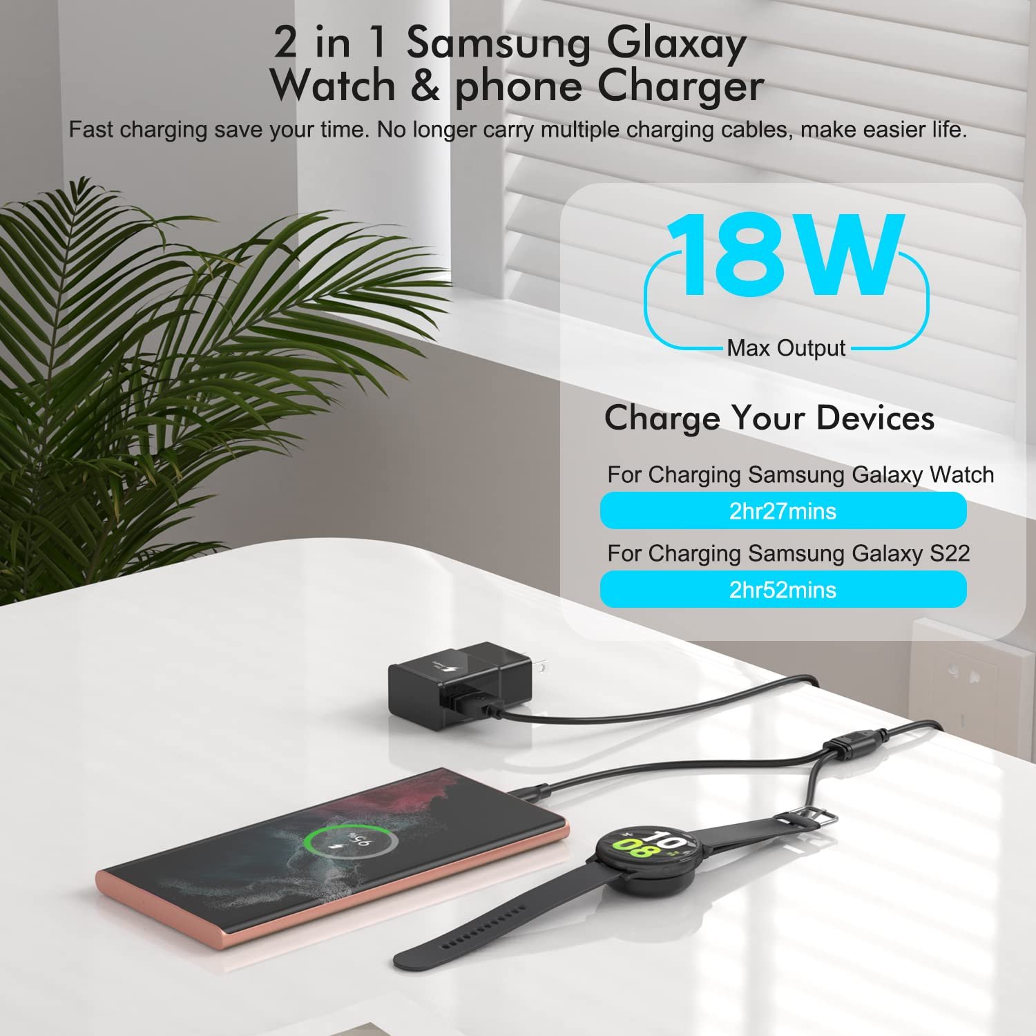 2 in 1 Samsung Watch Charger 6.6FT/2M Galaxy Watch Charger Cable with 18W USB A Fast Charger Power Adapter Plug for Samsung Galaxy Watch Ultra/7/FE/6/5/4,Galaxy S24/S23/S22,Fold 6/5,Flip 6/5,Buds,Tab - Image 3