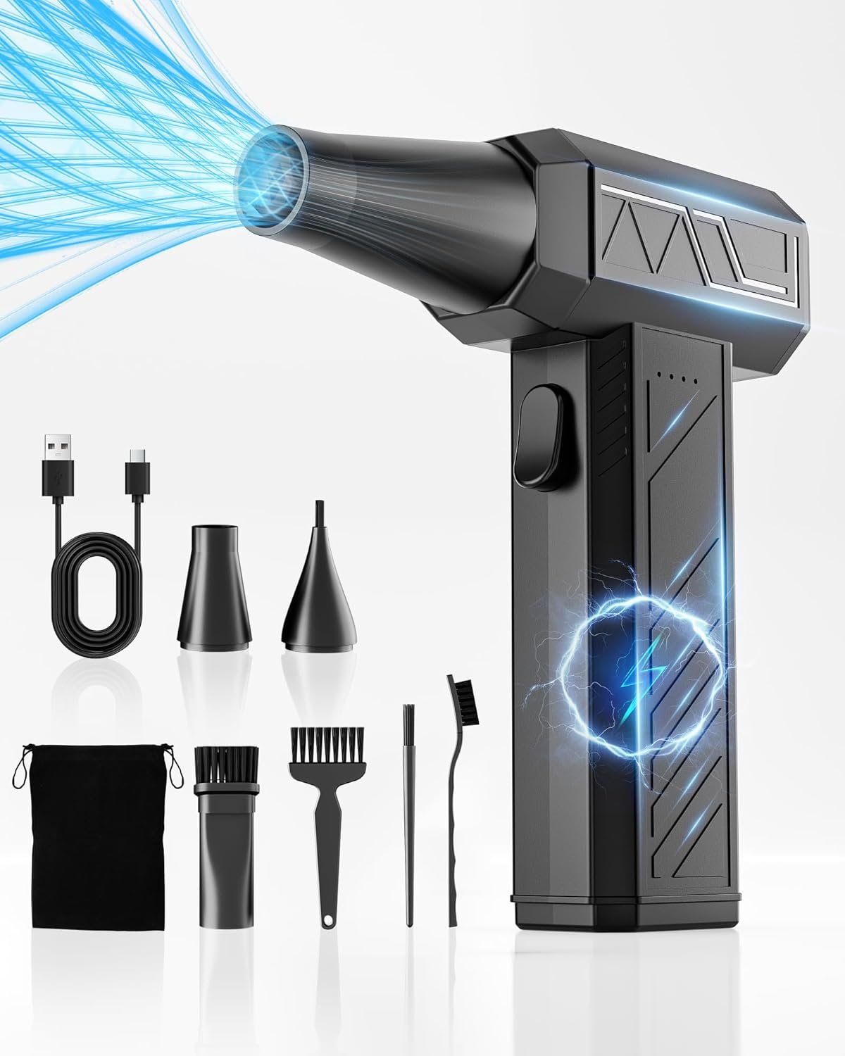 Compressed Air Duster, 180000RPM Electric Air Duster with Brushless Motor, 3 Gear Rechargeable Mini Blower, Keyboard Cleaning kit, Jet Dry Blower for PC, Car, Home Cleaning (Black) - Image 2