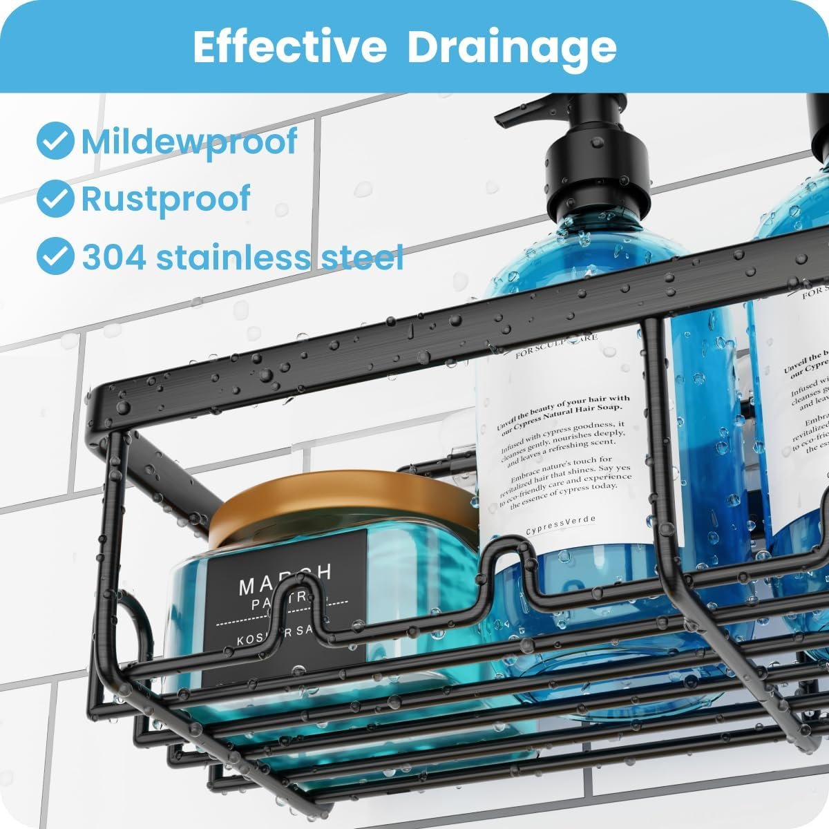 Shower Shelves 3 Pack, Adhesive Shower Organizer with 20 Hooks, 3 Adhesive Hooks, Large Capacity,Stainless Steel Black Shower Caddy,No Drilling,Easy Installation Shelf for Inside - Image 6