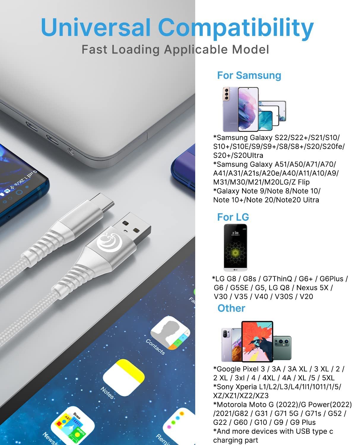 USB C Cable 10ft 2Pack,3.1A Type C Charger Fast Charging Cord Braided Long USB A to USB C Cable for Samsung Galaxy A03s A12 A13 A14 A15 5G A32 A35 A53 A71 S20 S21 S22 S23 S24 Z FILP 6, Android Phone - Image 5