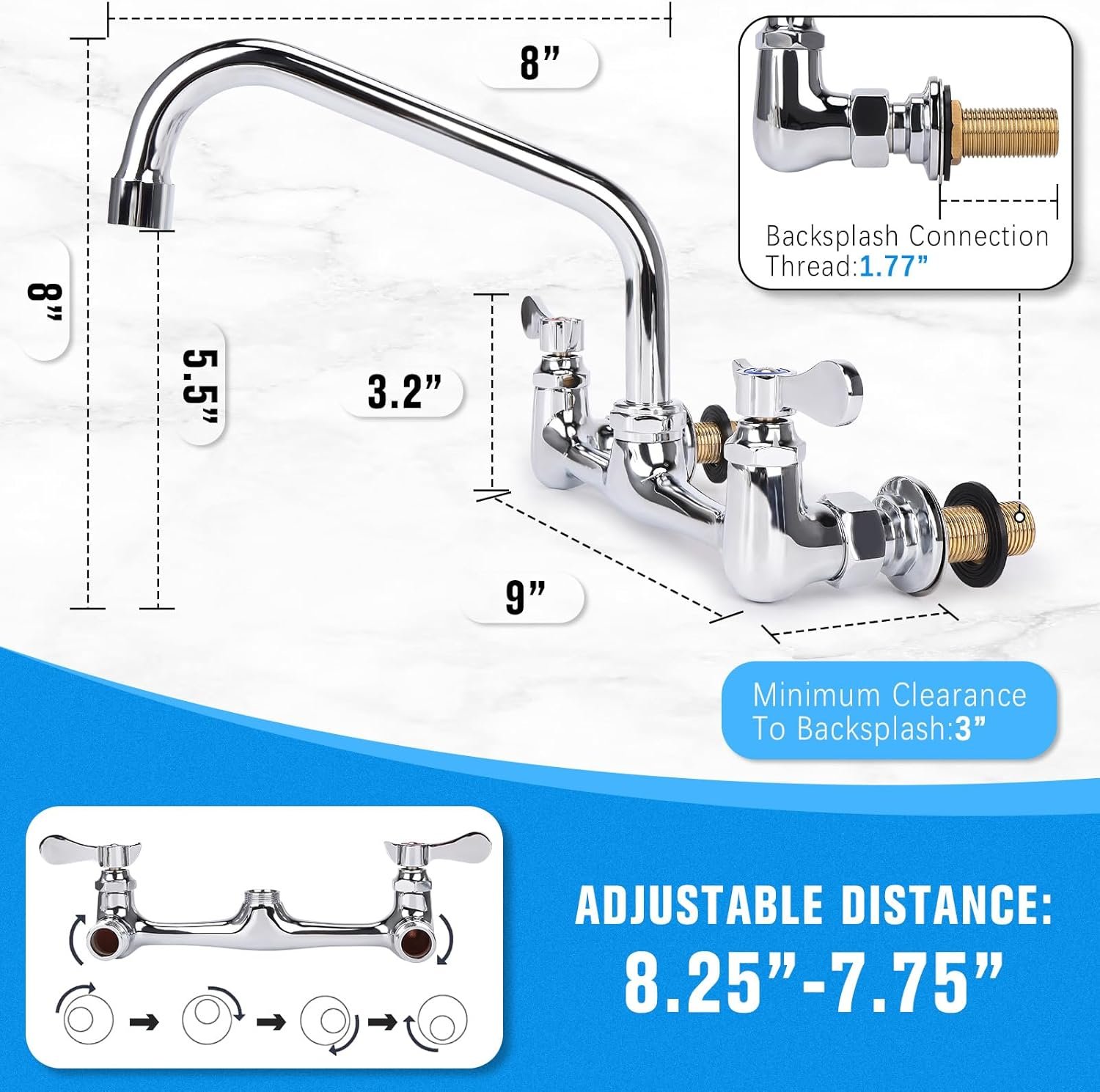Wall Mount Kitchen Faucet 8" Center Commercial Sink Faucet with 8” Swivel Spout Dual Handles Brass Utility Sink Faucet for Laundry Room Restaurant Polish Chrome with 90° Installation Kit - Image 3
