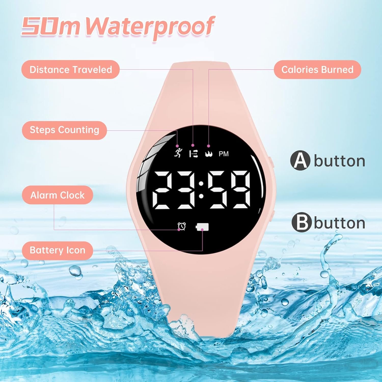 Kids Watch, Digital Watch for Girls Boys, Sport Watch with Alarm Clock, Stopwatch, Waterproof Fitness Tracker with No App for Ages 5-12 Children (YB-Pink) - Image 5