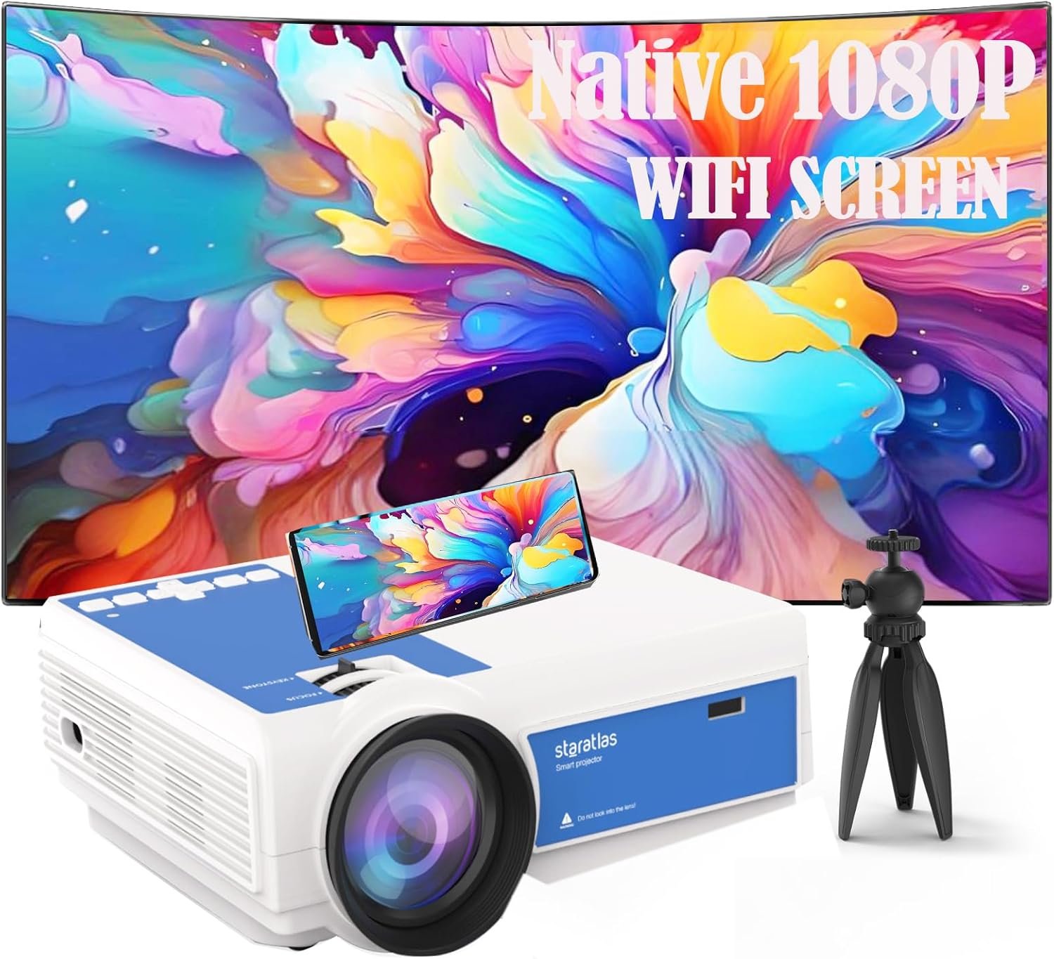Projector with Wifi and Bluetooth,Staratlas Native Resolution 1080P,Tv Projector for Bedroom,Support Screen Mirror,Mini Portable Projector,12000L,Movie Projector Indoor (Bundle white-blue) - Image 2