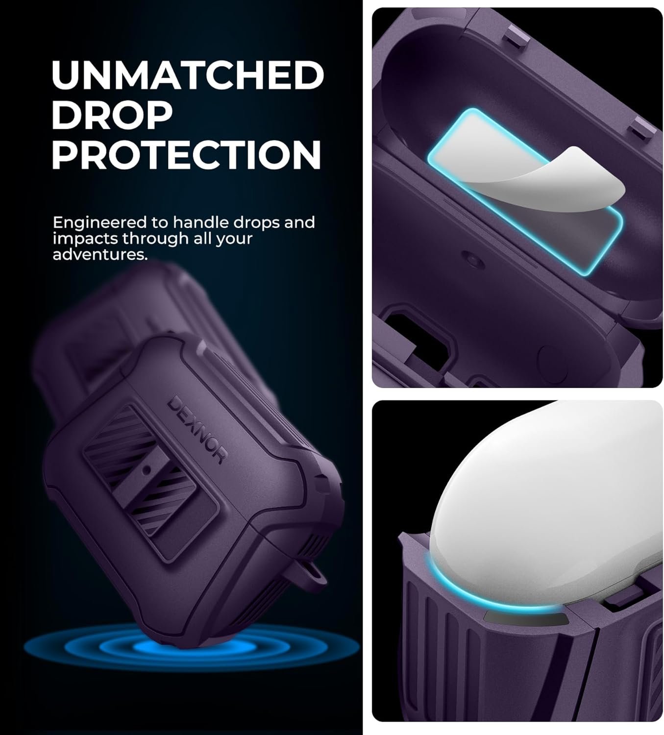 Dexnor Magnetic Case for AirPods Pro 2nd/1st Generation (2023/2022/2019), Compatible with MagSafe, Drop-Proof Lock Full-Body Shockproof Hard Protective Cover Rugged Bumper Cases Purple - Image 7