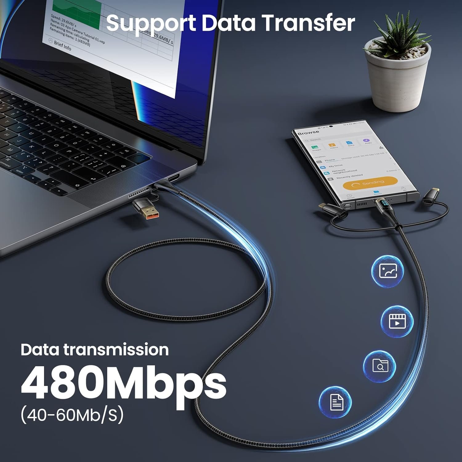USB C to Multi Charging Cable, USAMS 100W 4FT 5A Type C to Type C Fast Charger Charging Cord with LED Display 5-in-1 C/A to C/Micro/IP Sync Charger Adapter Compatible for Laptop/Tablet/Phone - Image 6