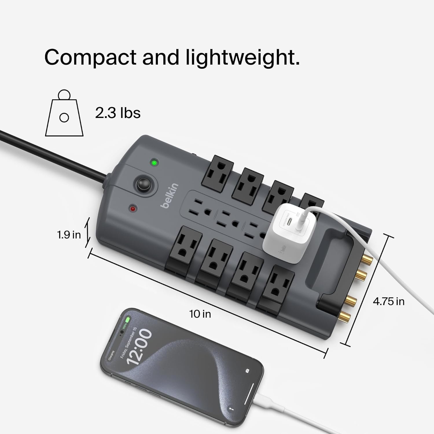 Belkin Surge Protector Power Strip w/ 8 Rotating & 4 Standard Outlets - 8ft Sturdy Extension Cord w/ Flat Pivot Plug for Home, Office, Travel, Desktop & Charging Brick - 4320 Joules of Protection - Image 5