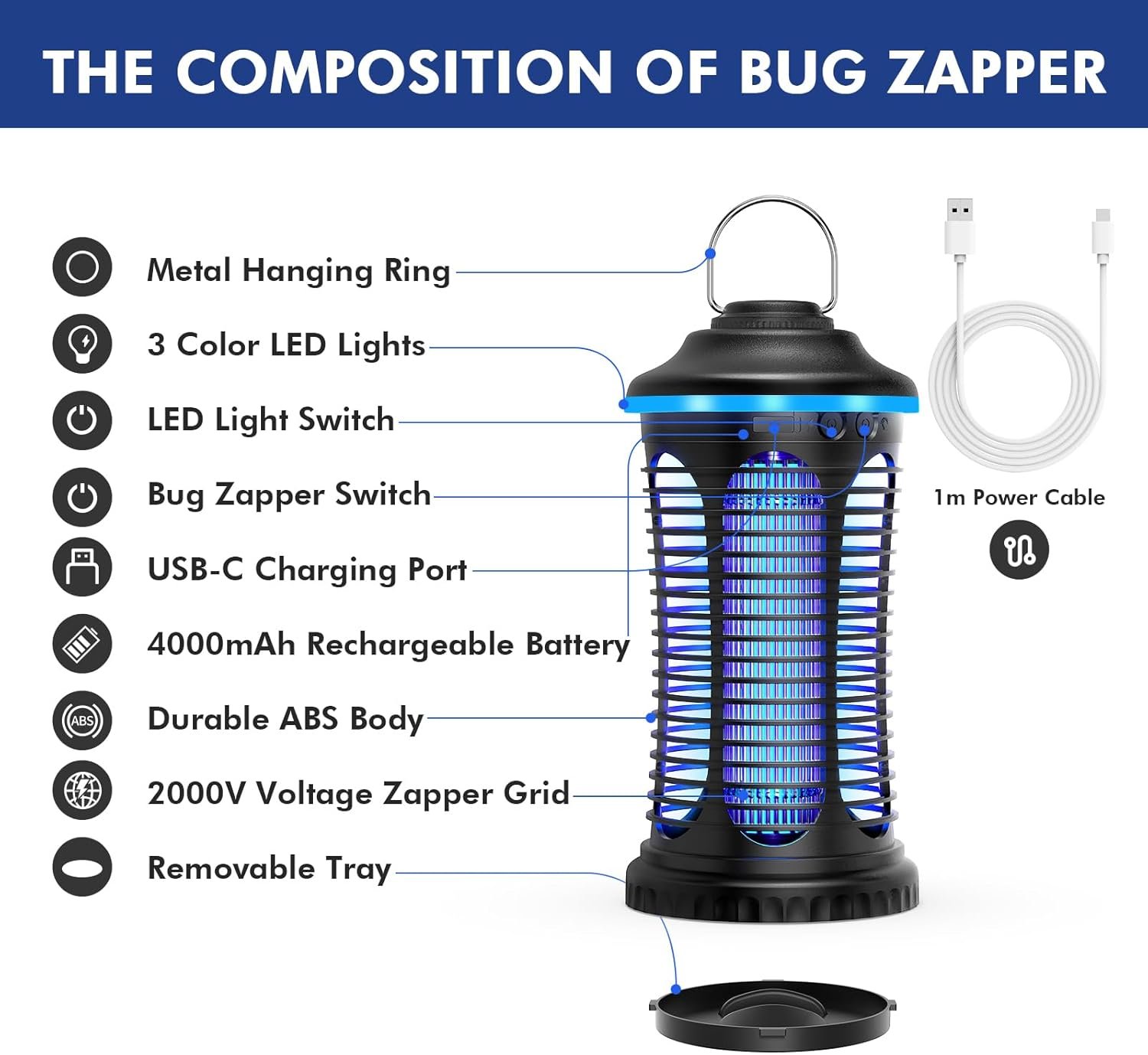 Rechargeable Bug Zapper Outdoor & Indoor, Mosquito Zapper, Fruit Fly Trap, Gnat Moths Catcher, 4200V Grid, USB Charging, 4000mAh Battery, Fit for Home, Kitchen, Backyard, Camping, Patio, Black - Image 9