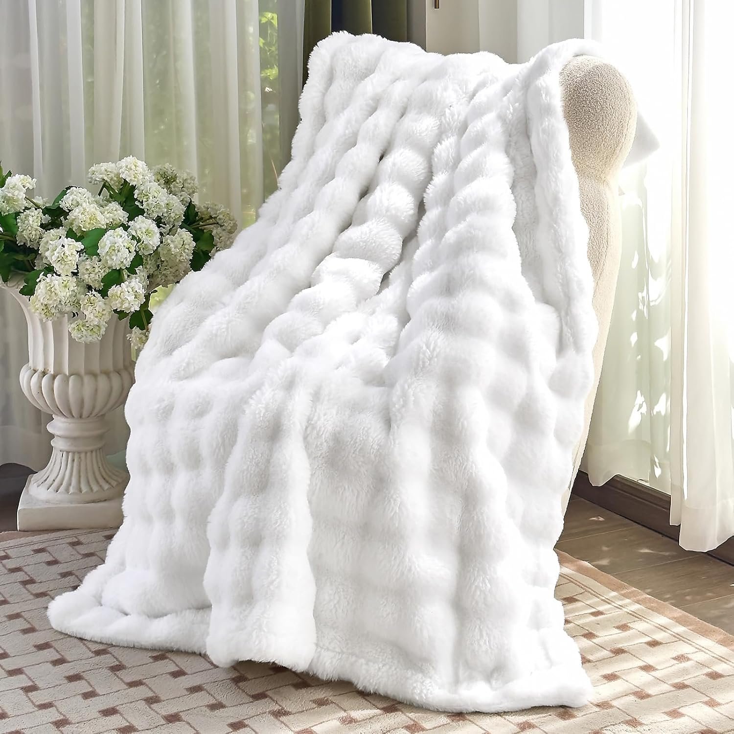 Faux Fur White Throw Blacket for Couch - Super Soft Heavy Flufyy Thick Bubble Throw Blankets for Bed Bedroom Living Room Farmhouse Sofa Chair Fall Winter Warm, 50x60 Inch - Image 2
