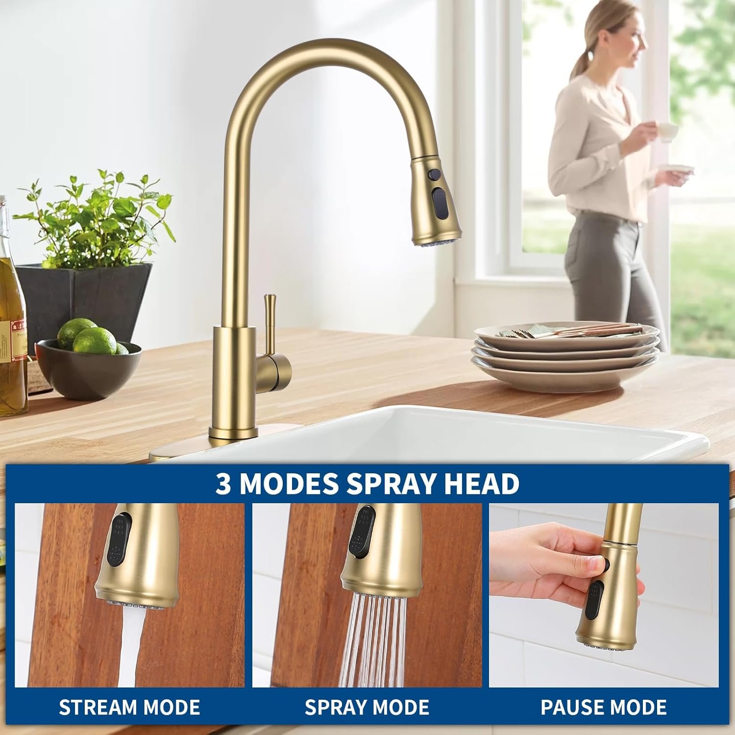 Gold Kitchen Faucet with Pull Down Sprayer, Modern Brushed Gold Single Handle Kitchen Sink Faucet with Deck Plate - Image 3