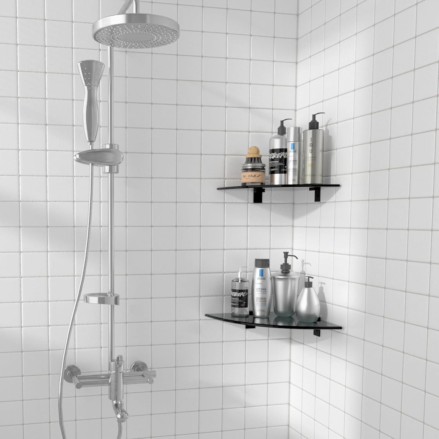 2-Pack Glass Shelf Shower Caddie, Shower Shelves for Inside Shower, Drilling Free Adhesive Wall Mounted Bathroom Organizer Shelves with Aluminium Brackets, Black - Image 8