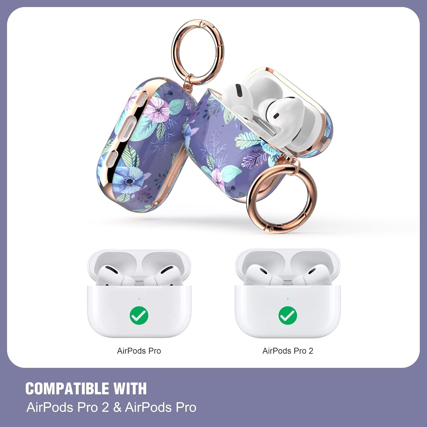 TATOFY Case Cover for AirPods Pro 2019,Stylish AirPods Pro Case for Women Girls, Flower Patterns Protective Hard Case with Clip (Purple) - Image 3