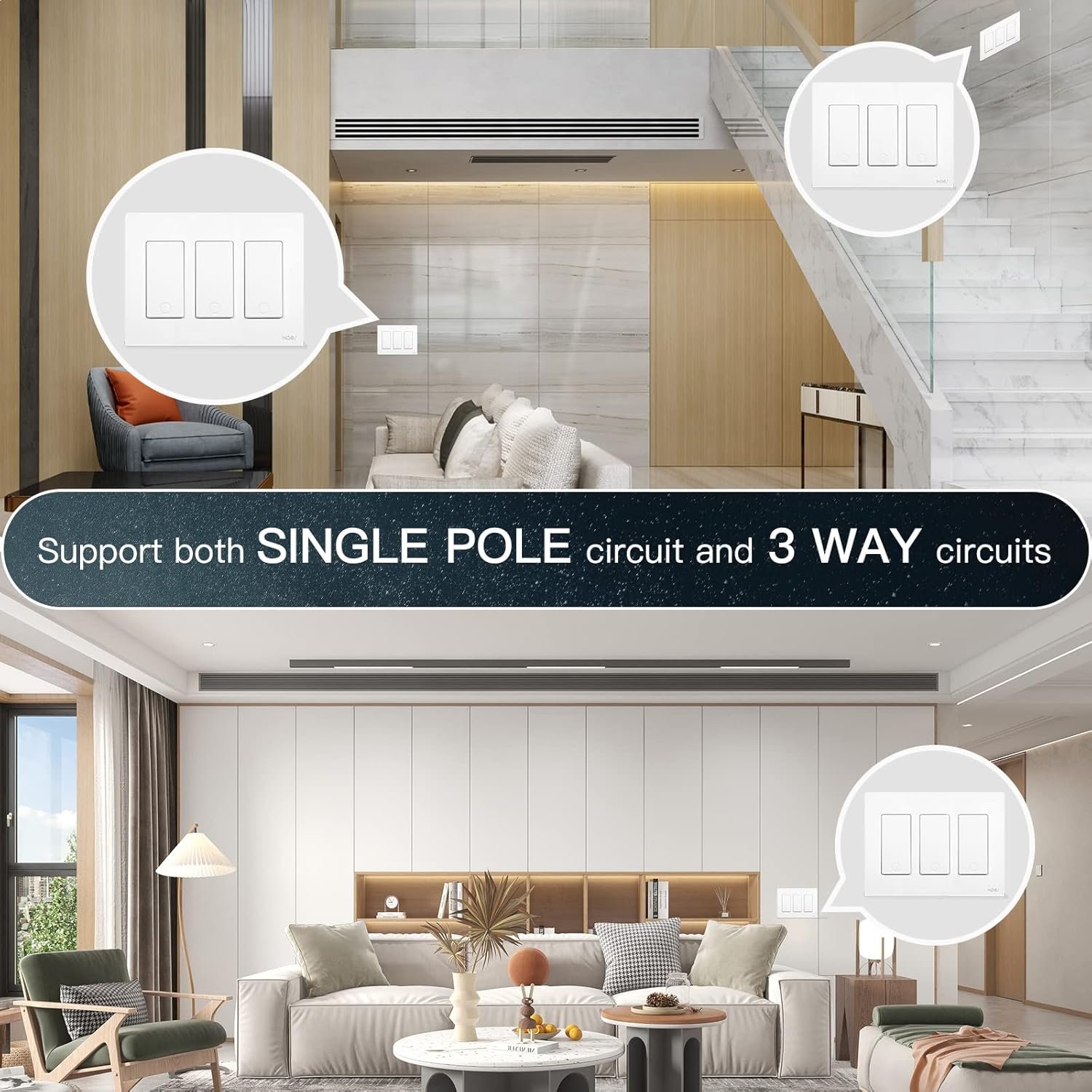 MoesGo 2nd Generation WiFi Smart Light Switch, 3 Way Smart Wall Switch 2.4GHz WiFi, Neutral Wire Required, Smart Life APP Remote Control, Work with Alexa/Google Home, No hub Required White 3 Gang - Image 5