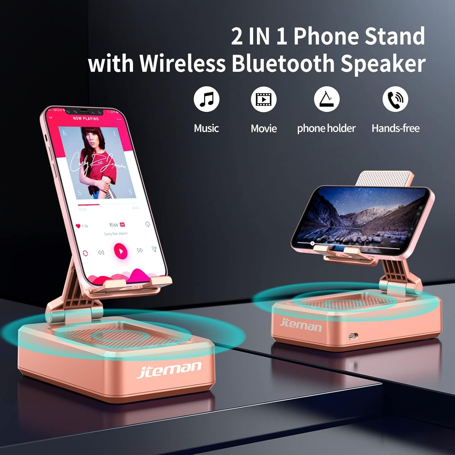 Jteman Portable Phone Stand with Speaker Bluetooth Wireless,Gifts for Men Women,Birthday for Women Men,Kitchen Gadgets for Men,Phone Holder for Desk - Rose Gold - Image 3