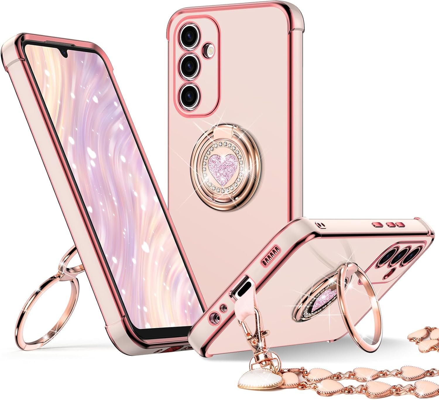XYZ for Galaxy A14 5G Case with Stand, for Samsung Galaxy A14 5G Case with Double Ring, Women Girls Bling Luxury Protective Phone Case Heart for Samsung A14 5G, Pink - Image 2