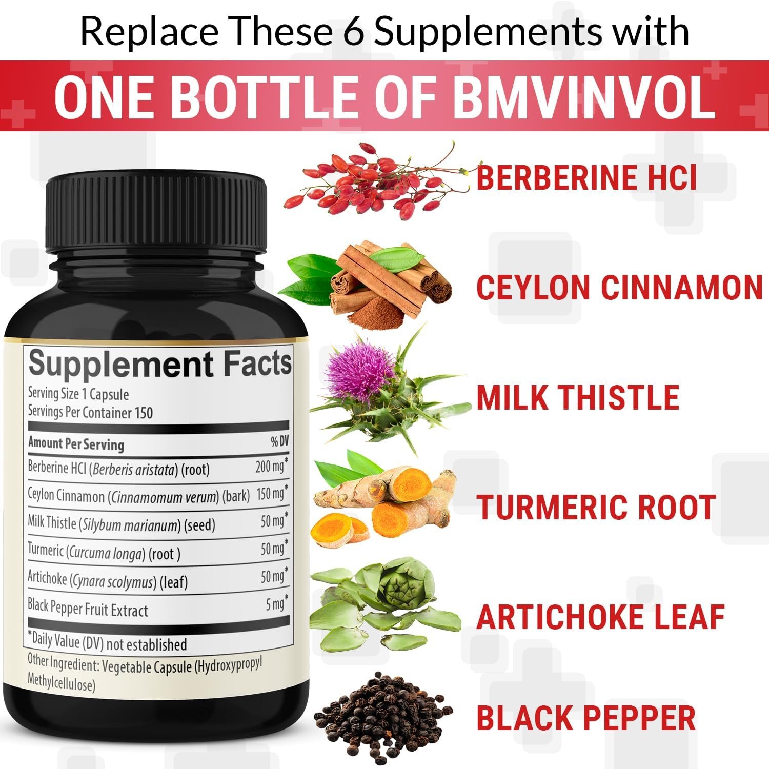 Berberine with Ceylon Cinnamon, Turmeric, Milk Thistle, Artichoke, Black Pepper - 150 Count - Pack of 1 - Image 5