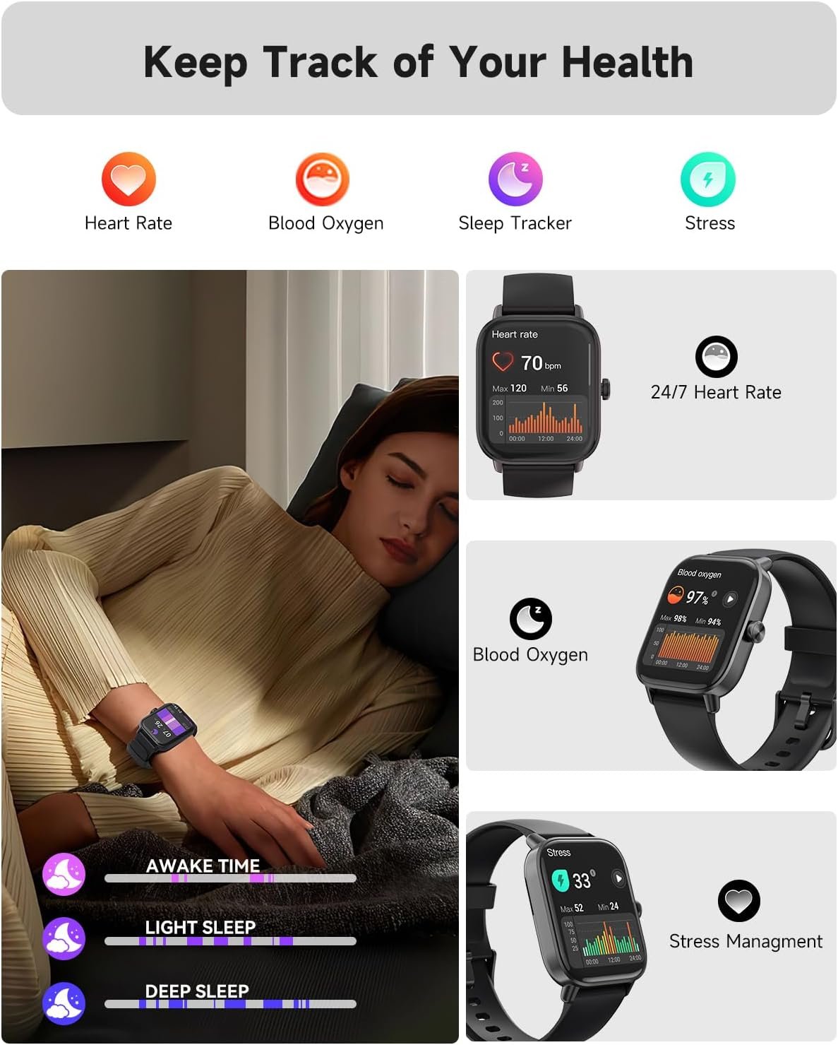 Fitness Smart Watch with Alexa for Women Men, 24/7 Heart Rate, Blood Oxygen, Stress and Sleep Tracker,100 Sports Modes, 5ATM Waterproof Activity Trackers and Smart Watches - Image 4