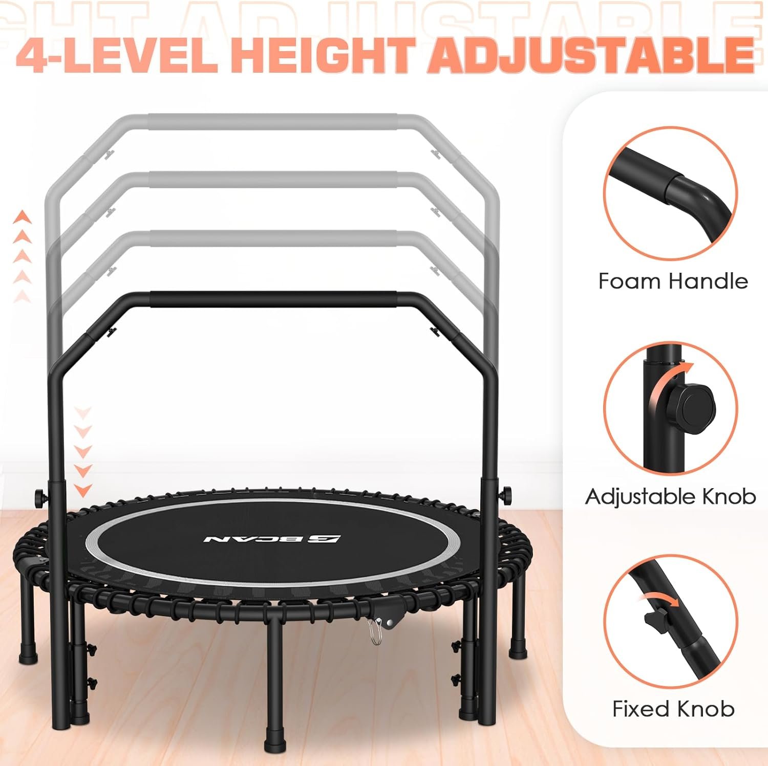 BCAN 450/550 LBS Foldable Mini Trampoline, 40"/48" Fitness Trampoline with Bungees, U Shape Adjustable Foam Handle, Stable & Quiet Exercise Rebounder for Kids Adults Indoor/Garden Workout - Image 5