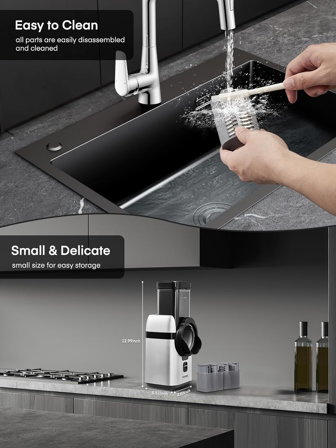 FOHERE Electric Cheese Grater, Large Feed Chute Electric Grater Vegetable Shredder with Multi Replaceable Blades and Storage Box, 5 in 1 cheese slicer for Whole Potatoes, Cheese and Nuts - Image 9