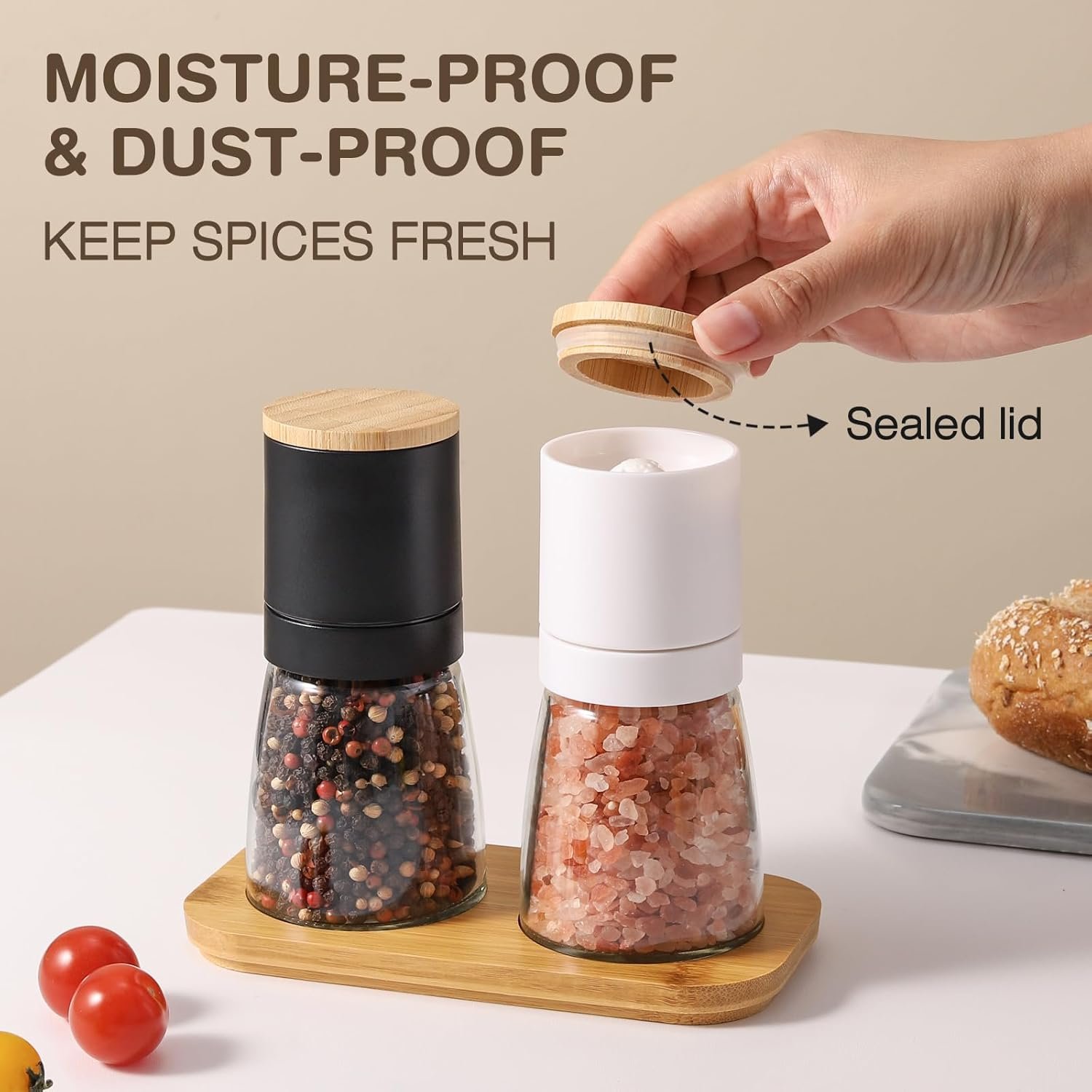 VUCCHINI Salt and Black Pepper Grinder Set - Bamboo Lid and Wood Stand Refillable Sea Salt Grinder Shaker Mills (black and white) - Image 5