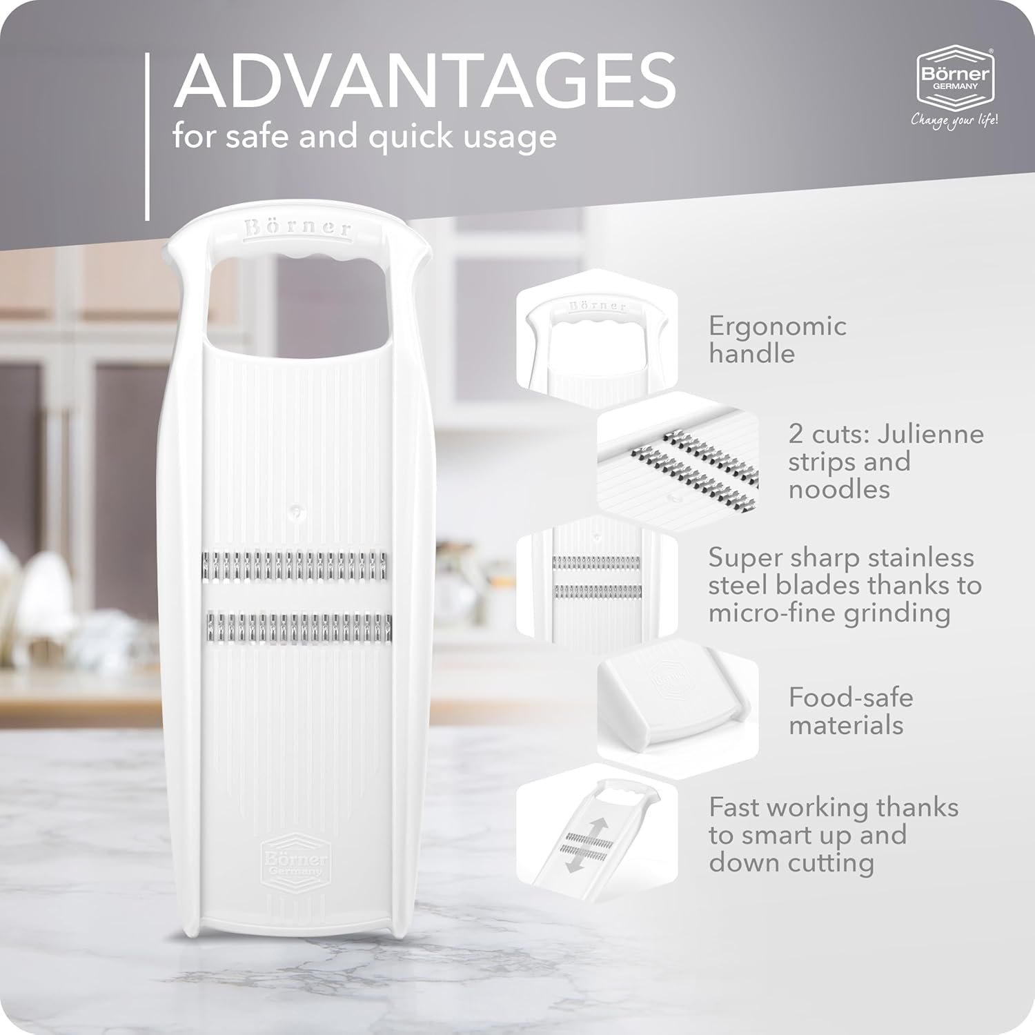 Börner Roko PowerLine Vegetable Slicer • Julienne Cutter for Fruit and Vegetables • Julienne Slicer for Fine Strips • Fine Vegetable Grater • Kitchen Slicer (White) - Image 6