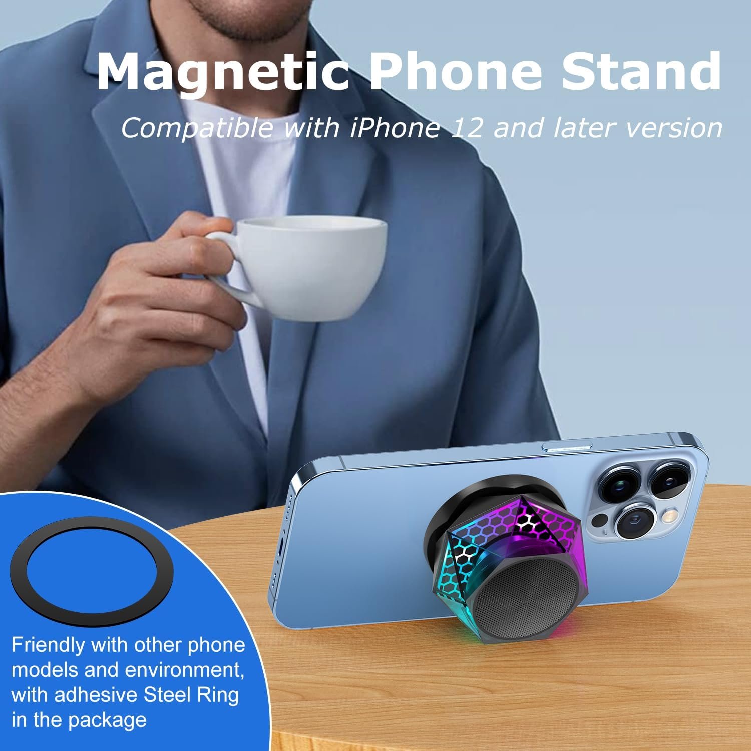EGKimBa Magnetic Diamond Bluetooth Speaker, Small Wireless Speaker with Multi RGB Color Light Show, Portable Phone Stand for iPhone, Android, TWS Pairing - Image 4