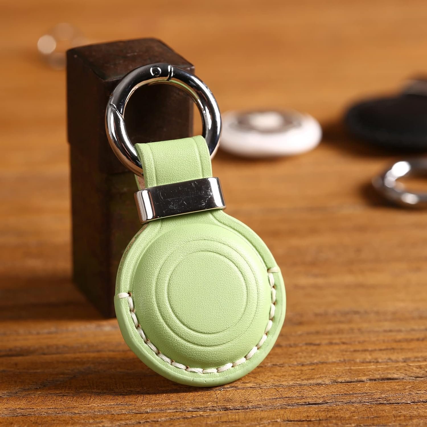 2 Pack KEEPXYZ Genuine Leather Airtag Holder Suitable for Apple Airtag Keychain Leather, Secure Air Tag Holder with Stainless Steel Ring Lock, Durable Airtag Case Cover Key Ring - Green V2.0 (No Hole) - Image 6