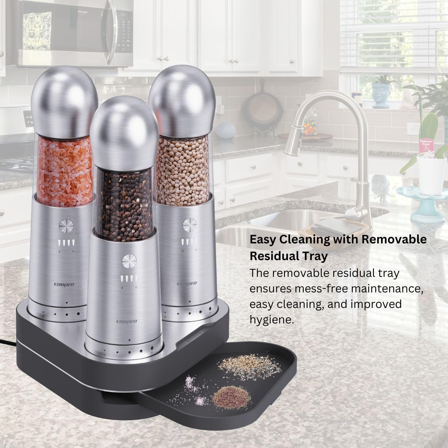 COSPRO 3-in-1 Wireless Charging Electric Salt and Pepper Grinder Set, Rechargeable Automatic Stainless Steel Spices Mill Set - One-Hand to Operate, Adjustable Coarseness, Easy Cleaning - Image 5