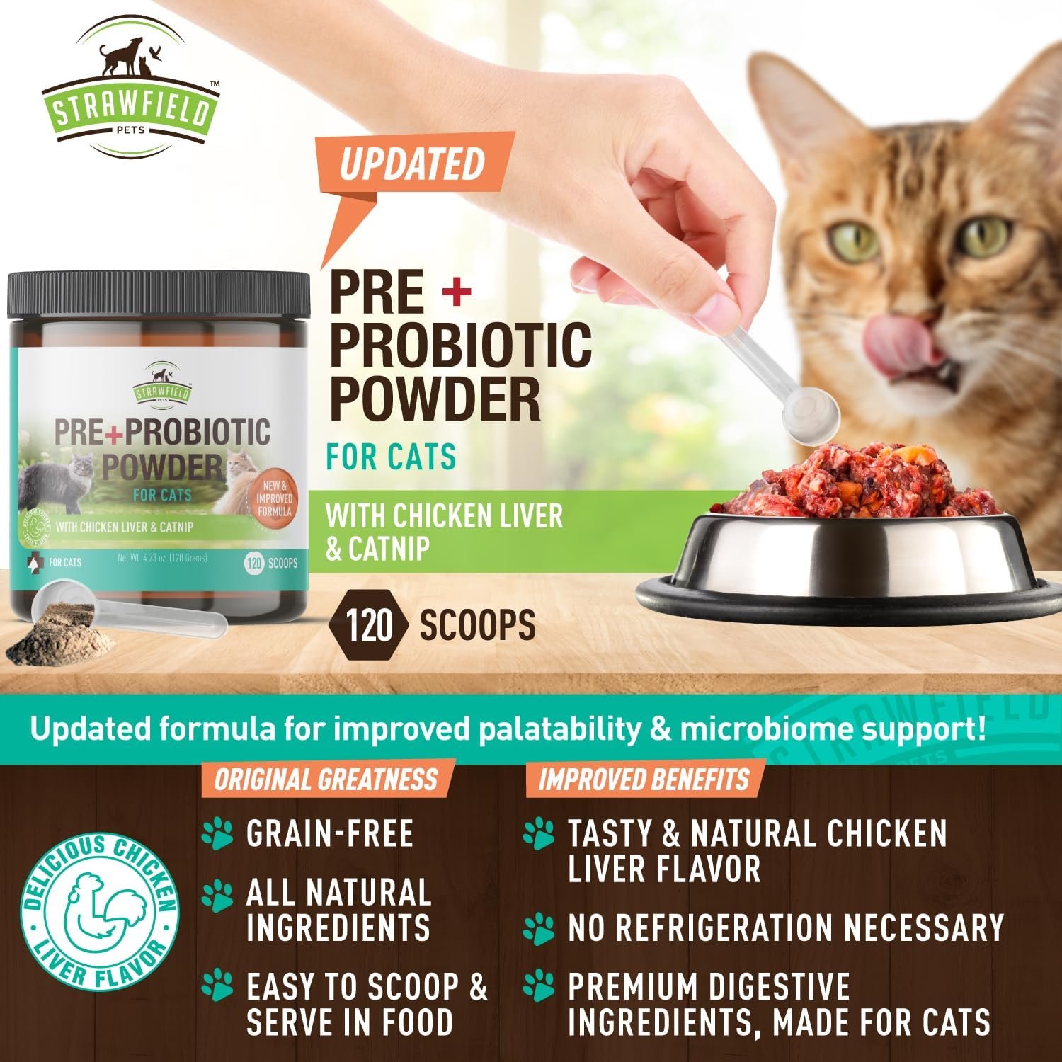 Strawfield Pets' Pre + Probiotic Powder for Cats with Catnip Probiotic for Cats Diarrhea Relief Supplement Natural Chicken Liver Flavor 120 Grams / 120 Scoops - Image 3