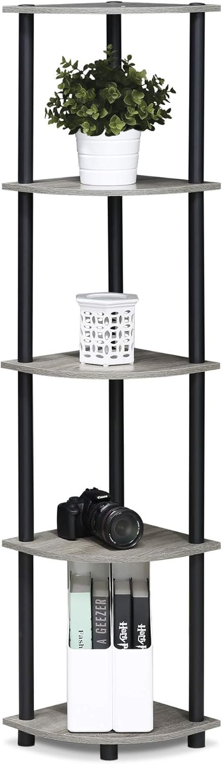 Furinno Turn-N-Tube 5 Tier Corner Display Rack Multipurpose Shelving Unit, 1-Pack, French Oak Grey/Black - Image 7