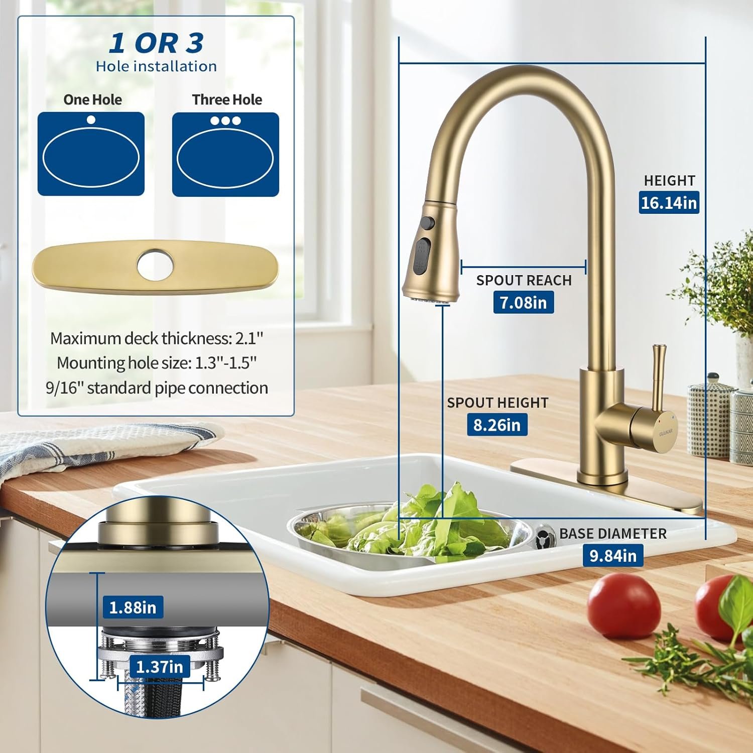 Gold Kitchen Faucet with Pull Down Sprayer, Modern Brushed Gold Single Handle Kitchen Sink Faucet with Deck Plate - Image 8