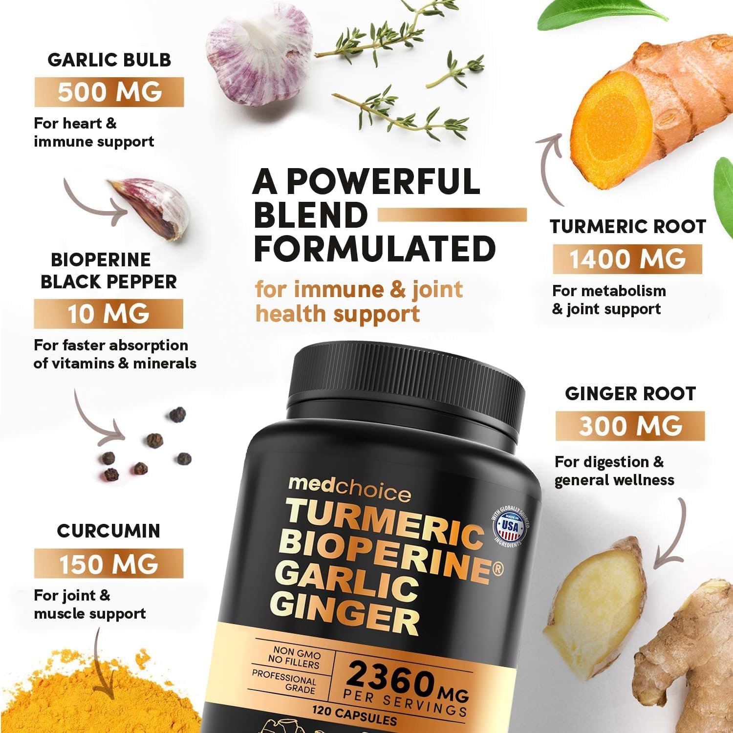 4-in-1 Turmeric and Garlic Supplements with Bioperine 2360 mg (120 ct) Turmeric Ginger Root Capsules with Garlic - Turmeric Curcumin with Black Pepper for Joint, Digestion & Immune Support (Pack of 1) - Image 4