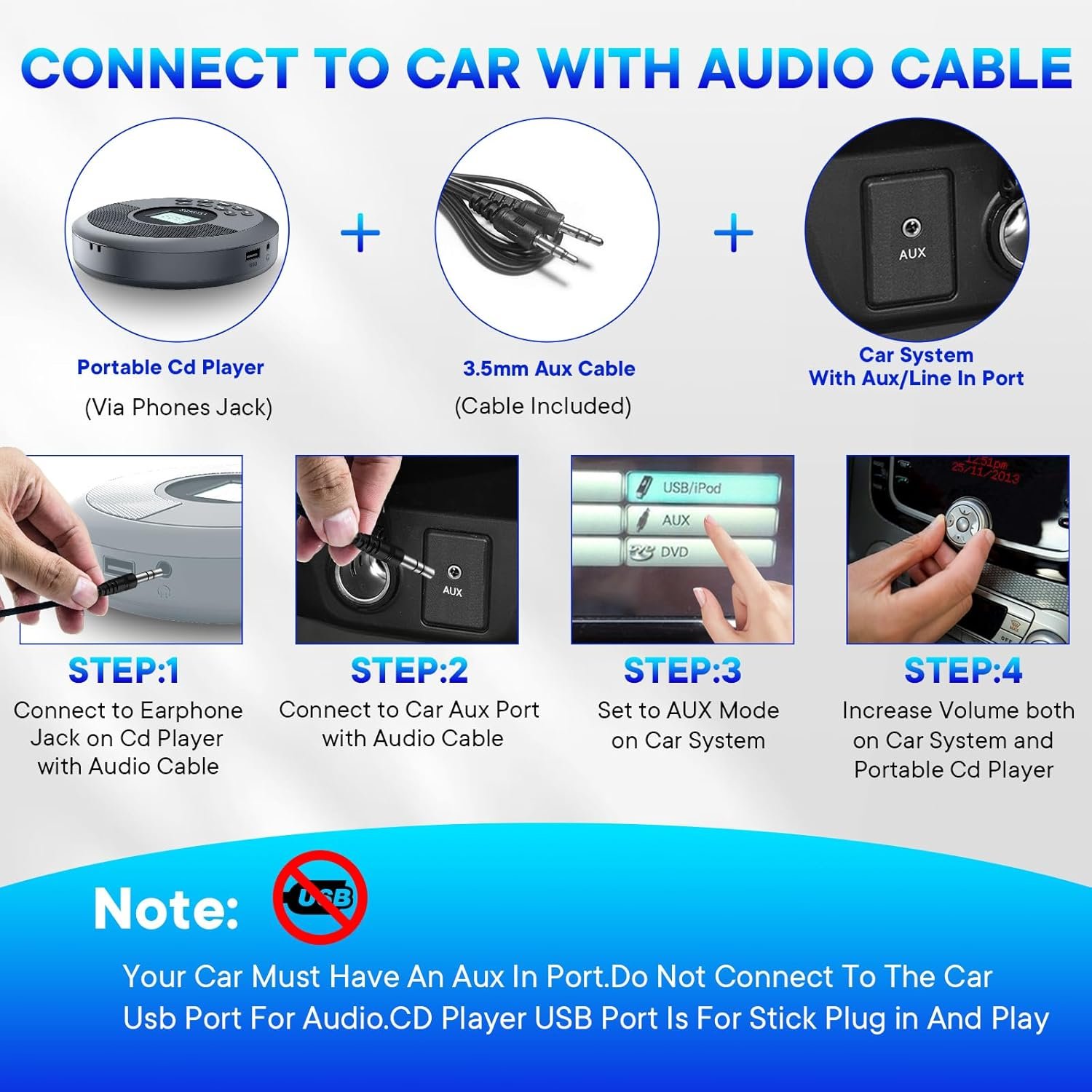 Portable CD Player with Bluetooth,Rechargeable CD Player for Car with Speakers,Walkman CD Player with Headphones and Anti-Skip Protection,Discman with LCD Display,AUX Cable. - Image 6