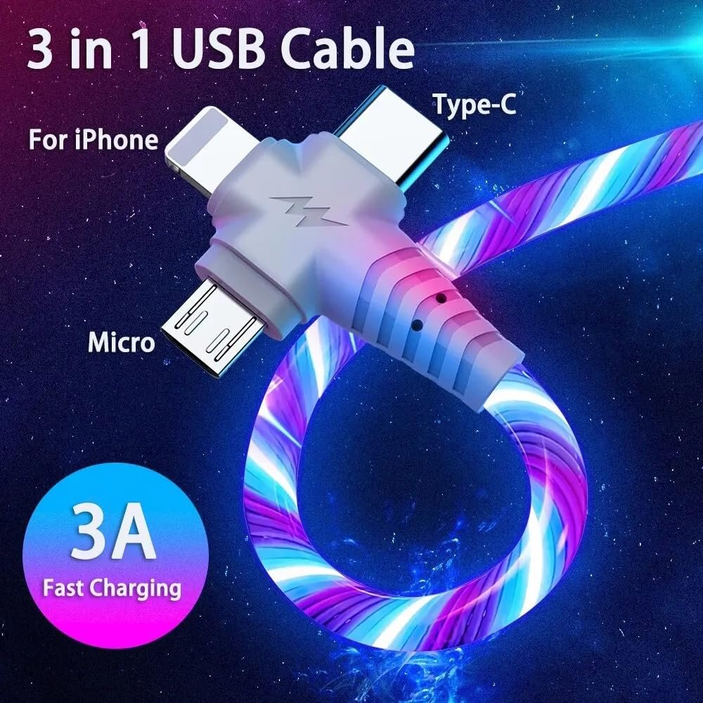 3 in 1 LED RGB USB Charging Cable, USB C, Micro B, and 1 pin for I Products - Image 3