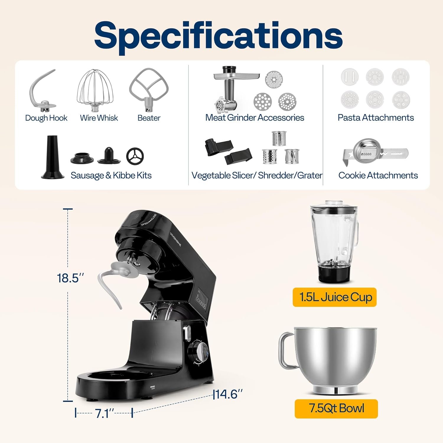 VIVOHOME 9 in 1 Multifunctional Stand Mixer with Fermentation, 6 Speed 7.5 Quart Kitchen Electric Food Mixer with Timer, Meat Grinder, Juice Blender, Vegetable Slicer, Pasta and Cookie Maker, Black - Image 9