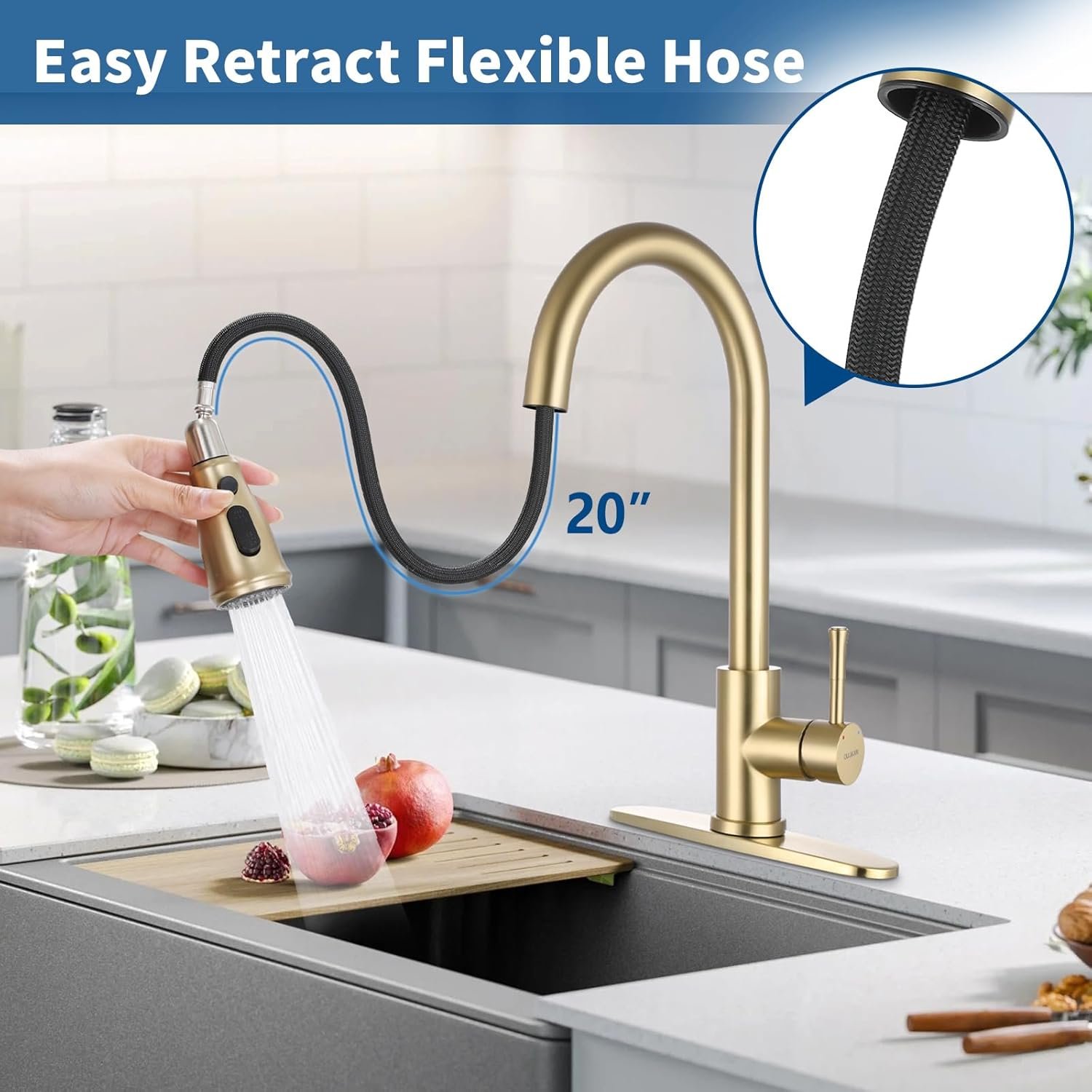 Gold Kitchen Faucet with Pull Down Sprayer, Modern Brushed Gold Single Handle Kitchen Sink Faucet with Deck Plate - Image 6