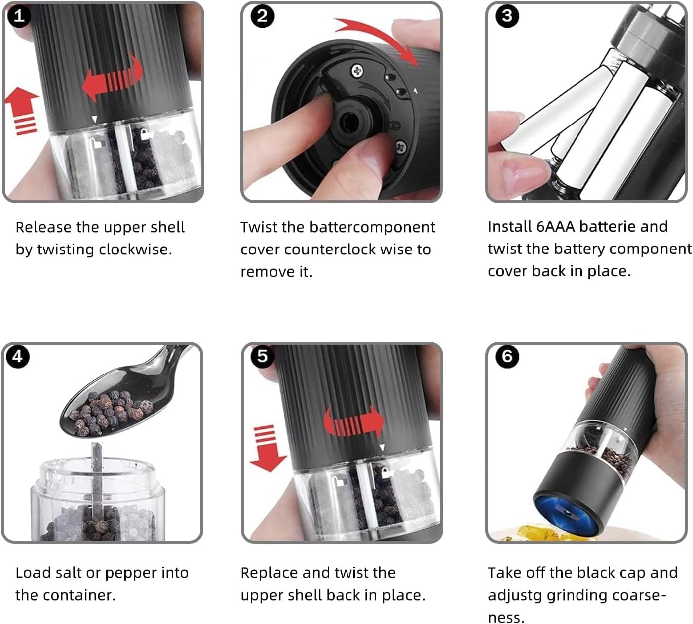 T-mark Electric Salt and Pepper Grinder Set - Battery Operated Automatic One Handed Salt Pepper Mill with LED Lights & Bottom Cap, Adjustable Coarseness - Image 4