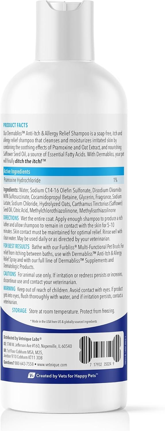 Vetnique Labs Dermabliss Dog Allergy and Itch Relief, Skin and Coat Health Supplements and Grooming Supplies with Omega 3-6-9, Biotin - Ditch The Itch (Itch Relief, 16oz Shampoo) - Image 3