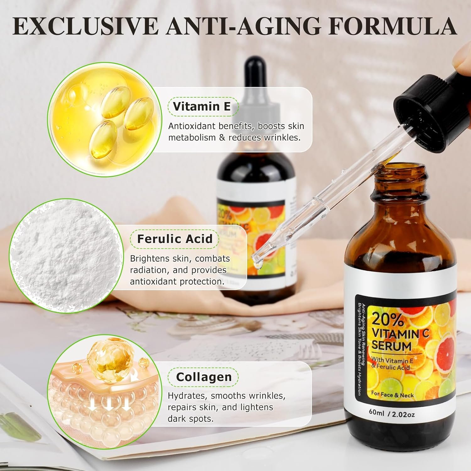 Vitamin C Serum,Anti Aging Facial Serum with Vitamin C,Reduce Dark Spots - Acne & Wrinkles, Brightening Serum, Even Skin Tone, Eye Area, Boost Skin Collagen,Hydrate & Plump Skin 60ml (1pcs) - Image 7