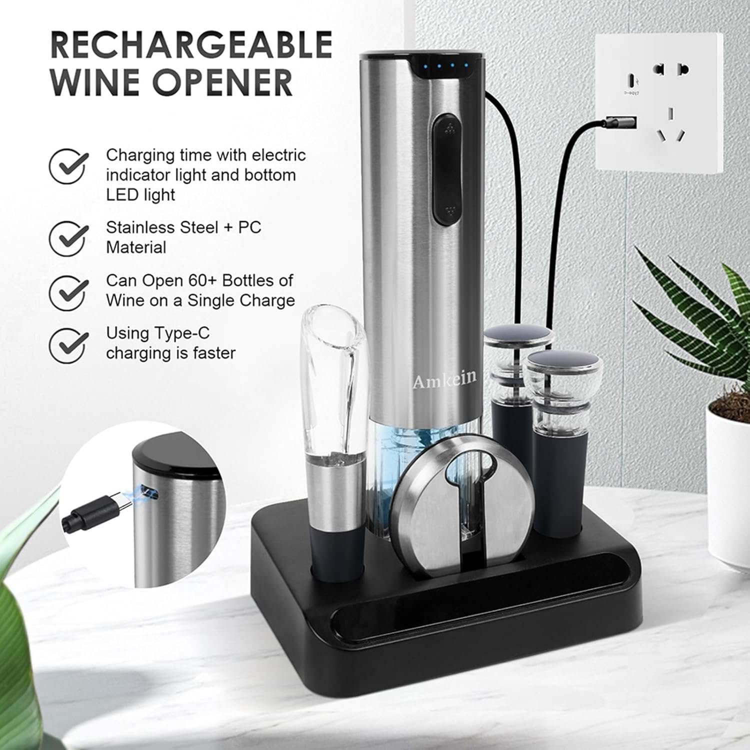 Electric Wine Opener, Automatic Electric Wine Bottle Corkscrew Opener Gift Set - Includes a Charging Wine Bottle Opener, Wine Aerator, Vacuum Wine Preserver, Storage Base, Foil Cutter & USB Cable - Image 5