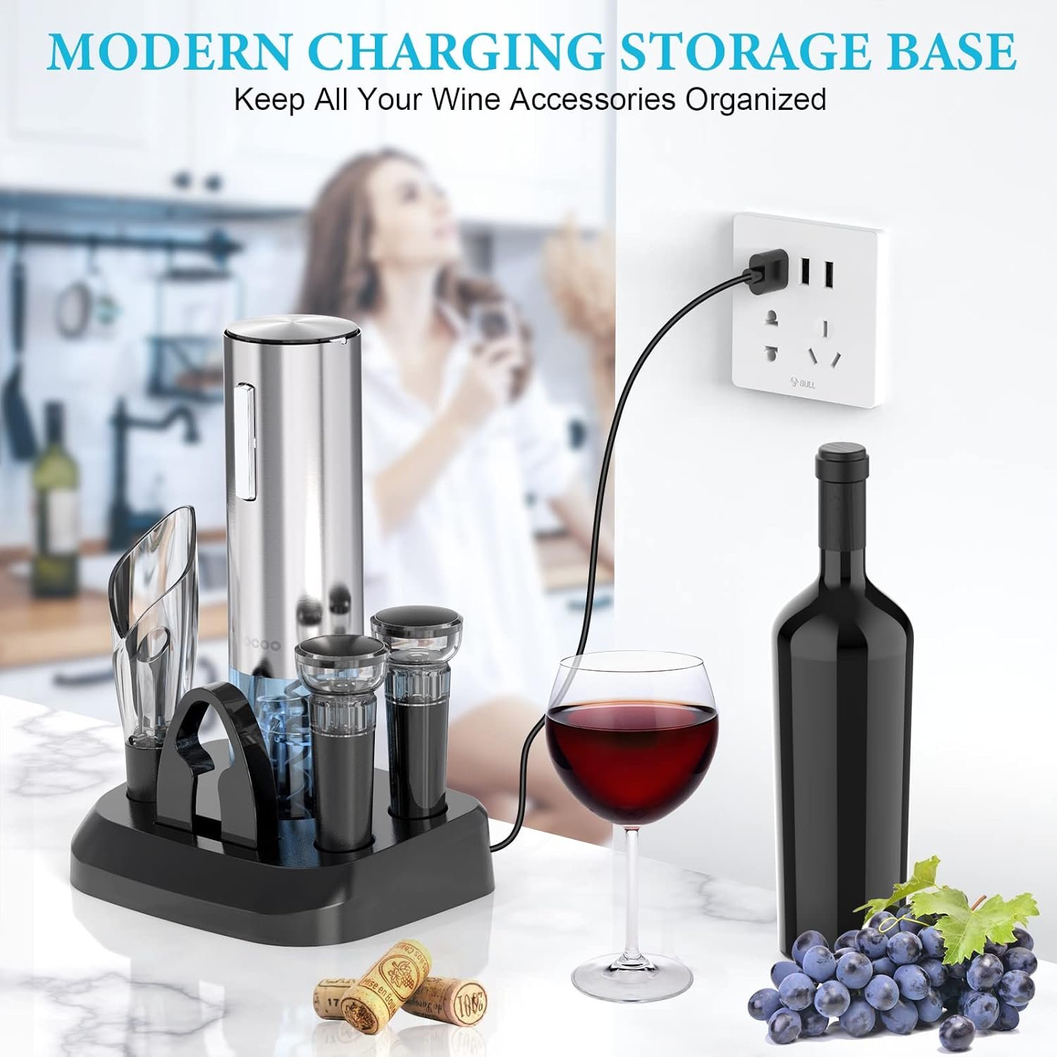 Electric Wine Opener with Charging Base, Moocoo Stainless Steel Automatic Electric Wine Bottle Corkscrew Opener Gift Set with 2-in-1 Aerator & Pourer, Foil Cutter, 2 Vacuum Stoppers, Rechargeable - Image 4
