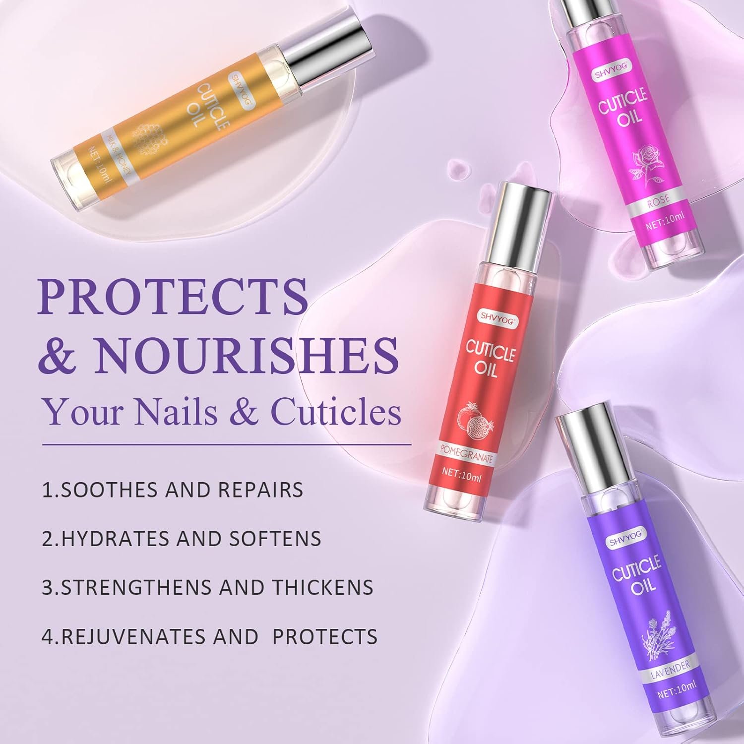 SHVYOG Cuticle Oil, Cuticle Oil for Nails, Nail Oil Treatment for Damaged Nails, Cuticle Oil Pen Nail Strengthener Hydrating Oil for Cuticle Care- Milk & Honey, Pomegranate, Rose, Lavender (4 * 10ml) - Image 6