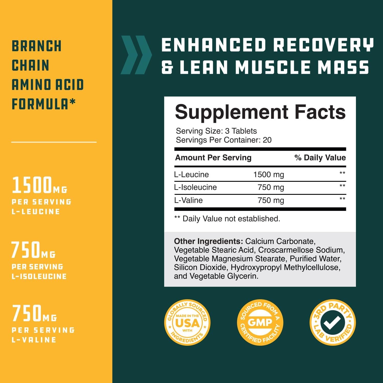 Branch Chain Amino Acids Supplement - Vegan BCAA Tablets Post Workout Muscle Recovery and Muscle Growth Support - Branched Chain Amino Acids Supplement for Men and Womens Workout Recovery 60 Count - Image 4