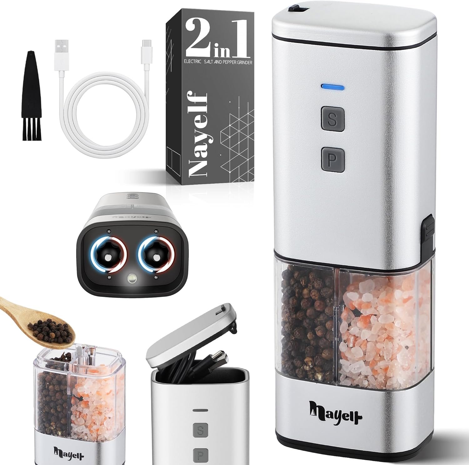 2in1 Portable Rechargeable Salt and Pepper Grinder with LED Light 5oz, Adjustable Ceramic Coarseness, Matte aluminum Finish, Top Storage Compartment, Type-C Charging, One Hand Operate, Kitchen, Travel - Image 2